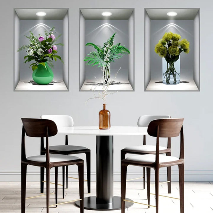 Glossy 3D floral vase wall decal, sophisticated home decoration, vibrant wall art