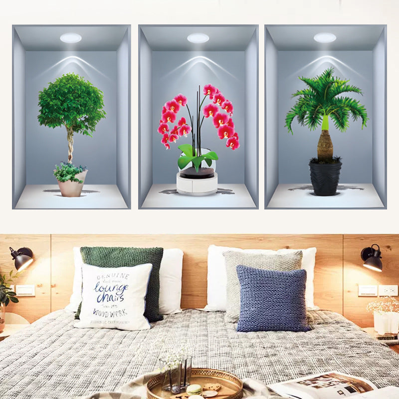 Close-up of a 3D floral vase wall decal, intricate home decoration, room aesthetic