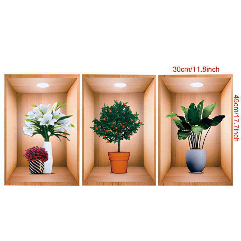 Multiple 3D floral vase wall decals arranged, creative home decor, personalized room