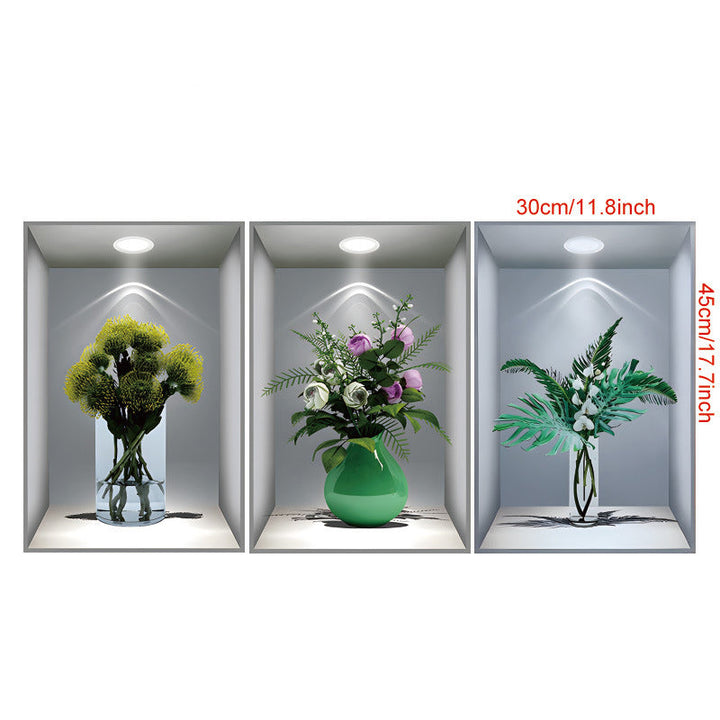 Various sizes of 3D floral vase wall decals available, customizable home decoration