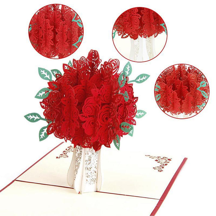 Handmade pop-up rose bouquet greeting card, intricate paper art for love and celebration