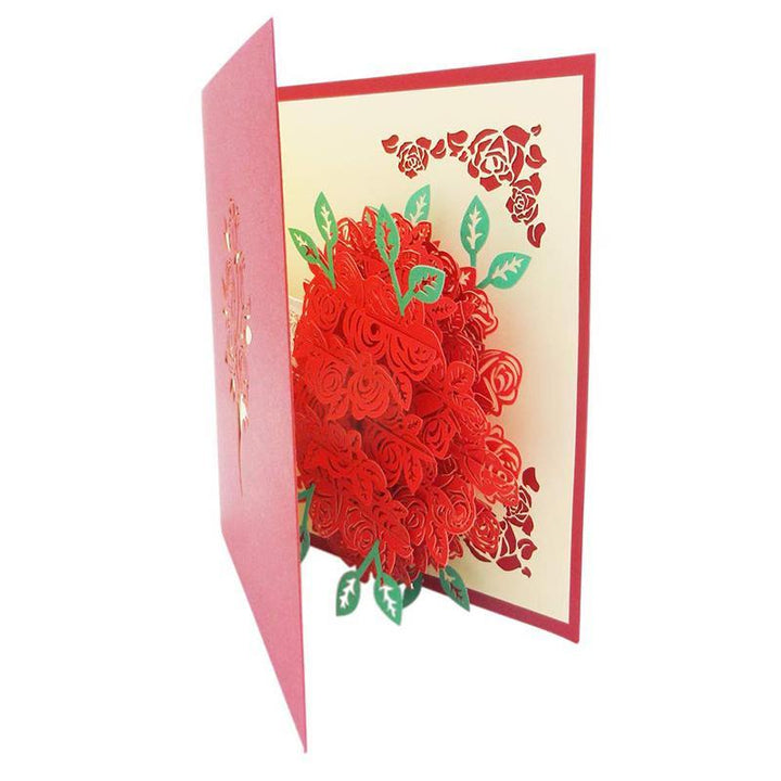 Detailed close-up of a pop-up rose bouquet greeting card, showcasing handmade paper art