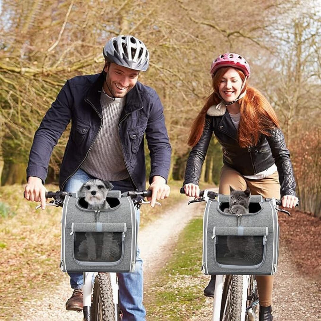 "3-in-1 dog transport bag for bicycles, multifunctional; black bag with mesh window on bike handlebar, pet supplies."