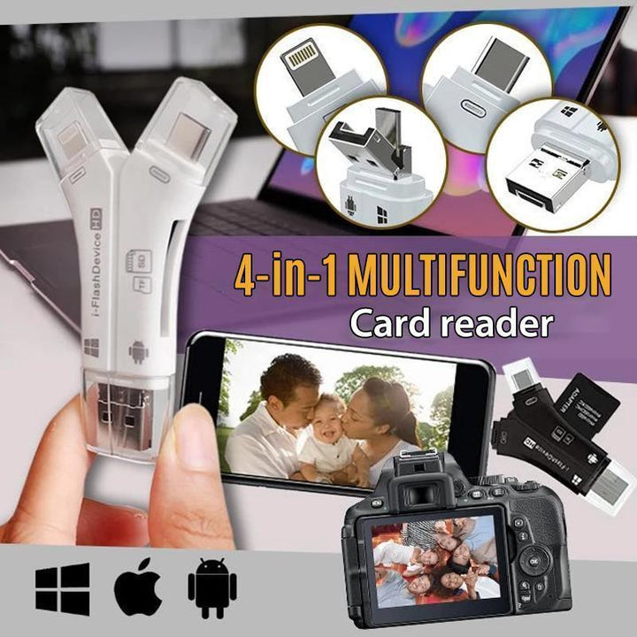 4-in-1 universal portable memory card reader for phones with USB-C, Lightning, Micro USB, and USB connectors.