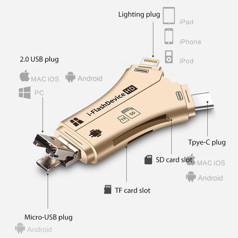 Universal phone accessory: 4-in-1 card reader with USB, lightning, micro USB, and USB C support.