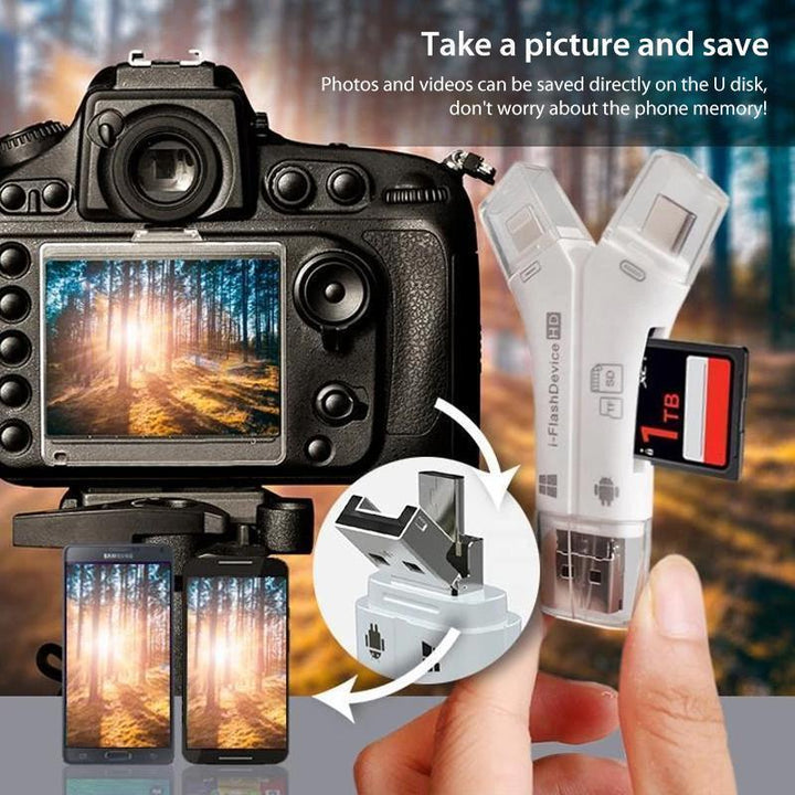 Compact 4-in-1 portable card reader, ideal for photographers and tech-savvy individuals on the go.