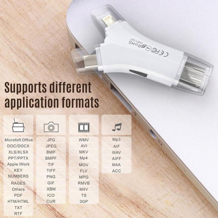 Multi-port memory card reader, compatible with USB-C, Lightning, Micro USB, and standard USB devices.