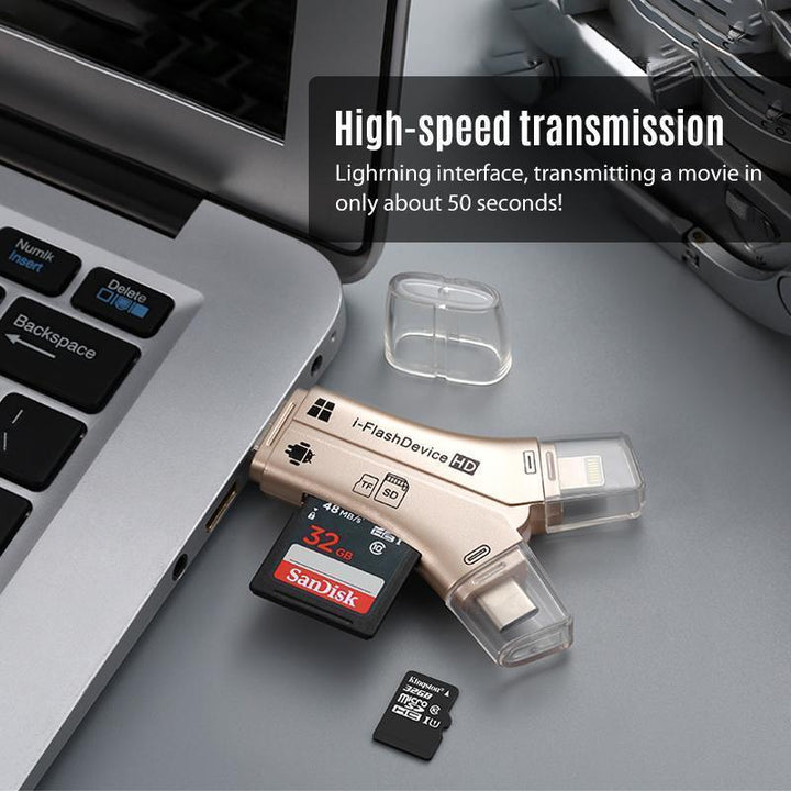 Expand phone storage with this versatile 4-in-1 portable memory reader, supporting various card types.