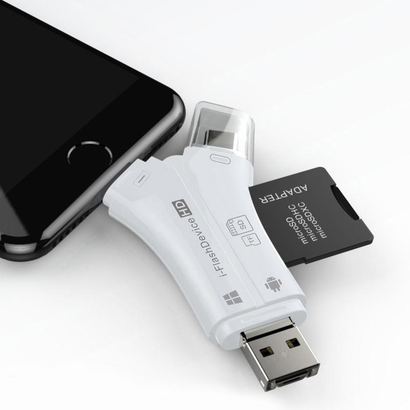 Data transfer solution: Universal 4-in-1 card reader with lightning, micro USB, USB, and USB C connections.