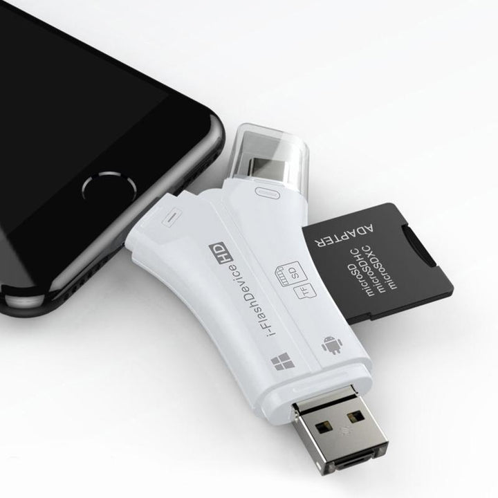 Data transfer solution: Universal 4-in-1 card reader with lightning, micro USB, USB, and USB C connections.