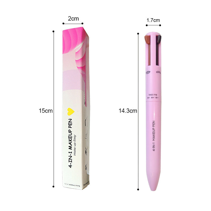 Hand holding a 4-in-1 makeup pen, demonstrating its convenience for eyeliner, lipliner, brow, and highlighting.