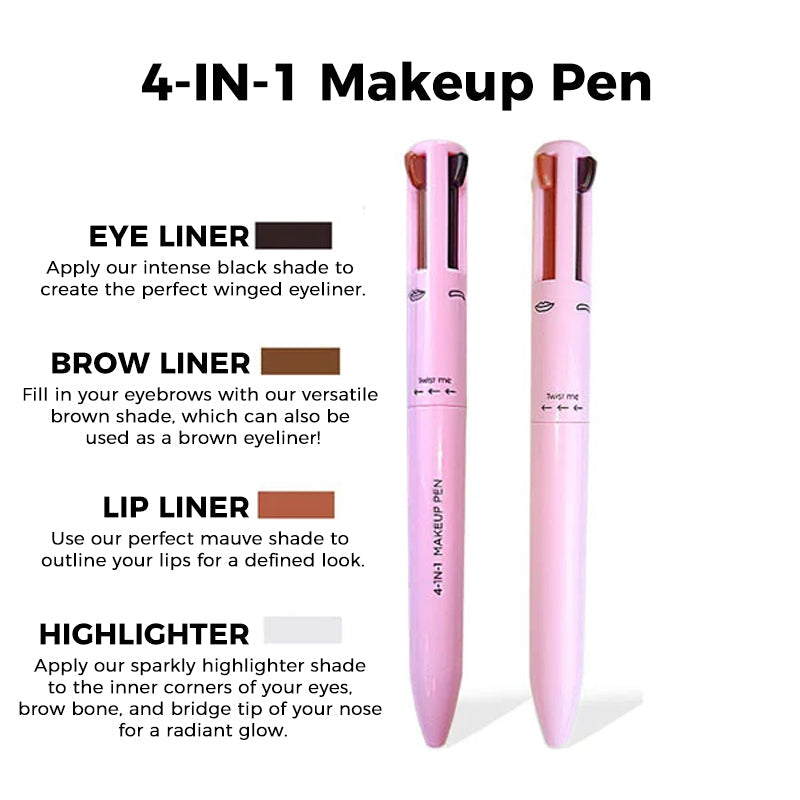Beauty essential: 4-in-1 makeup pen. Eyeliner, lipliner, brow pencil, and highlighter for a flawless, quick makeup.