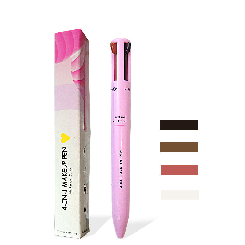 Women's 4-in-1 makeup pen; black eyeliner, nude lipliner, brown brow pencil, & white highlighter for on-the-go beauty.