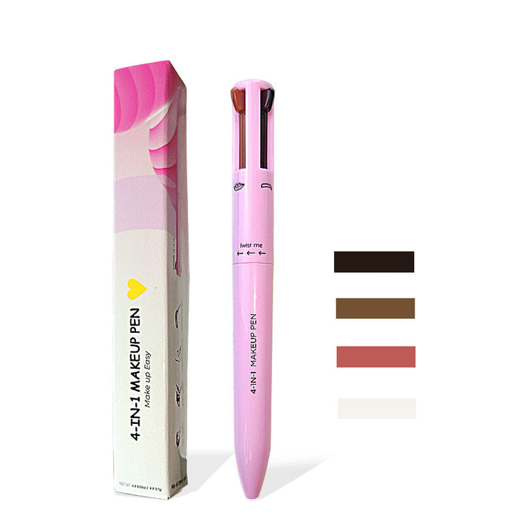 Women's 4-in-1 makeup pen; black eyeliner, nude lipliner, brown brow pencil, & white highlighter for on-the-go beauty.
