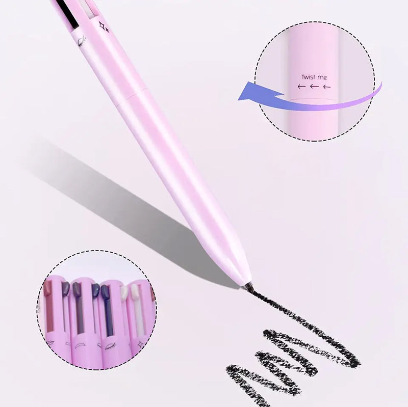 Compact 4-in-1 makeup pen, perfect for quick touch-ups. Vegan, travel-friendly eyeliner, lipliner, brow, highlighter.