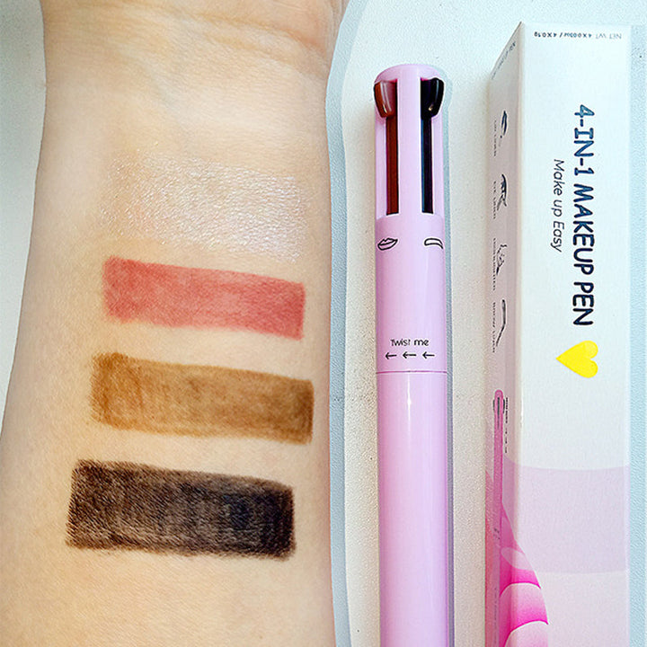 Close-up of a 4-in-1 makeup pen showcasing its versatility: eyeliner, lipliner, brow pencil & highlighter applications.