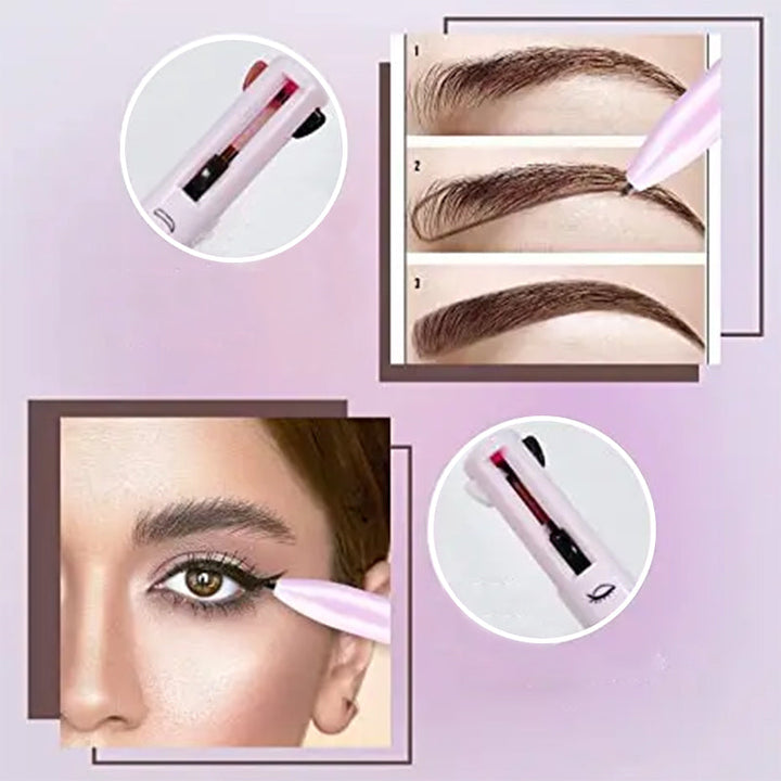 Vegan 4-in-1 makeup pen for women, combining eyeliner, lipliner, brow pencil, and a shimmering highlighter for daily use.