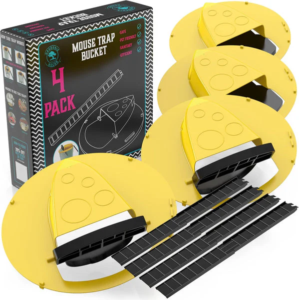 4-pack universal bucket lid mouse trap for effective indoor & outdoor rodent control. Reusable & automatic pest solution.