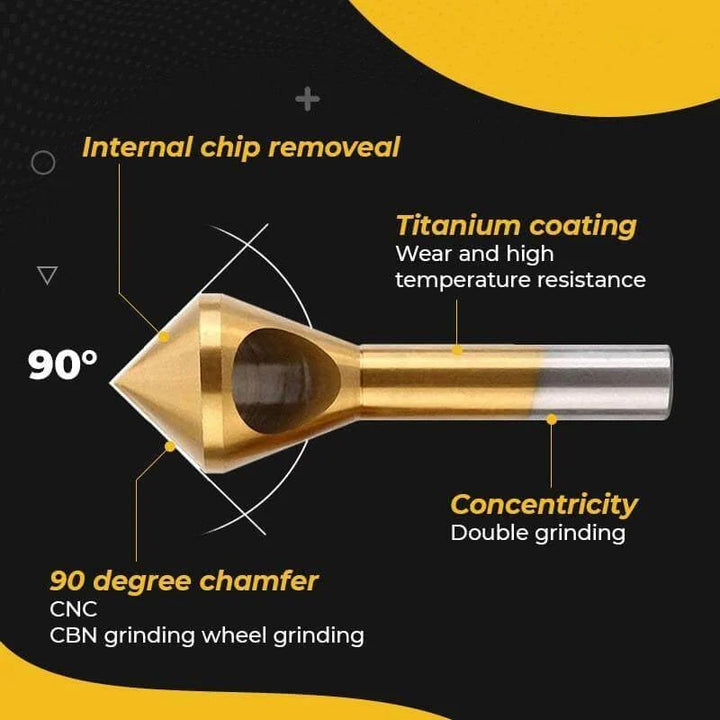 Close-up of a titanium coated countersink bit, ideal for drilling and chamfering hand tools