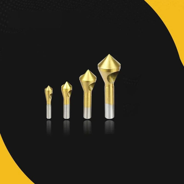 Ergonomic packaging showing the 4 pc titanium coated HSS4241 countersink chamfer tool set