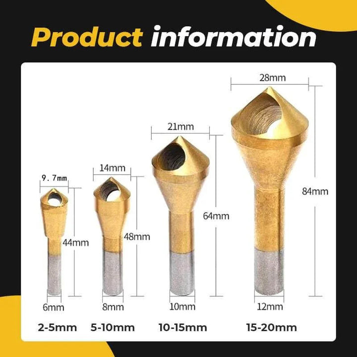 Professional 4 pc titanium coated countersink set, designed for clean and efficient chamfering