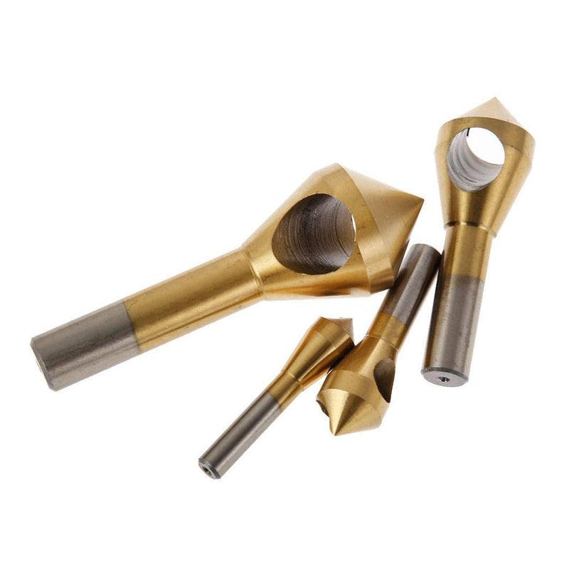 Various sizes of titanium coated HSS countersink bits included in the 4 pc chamfer tool set