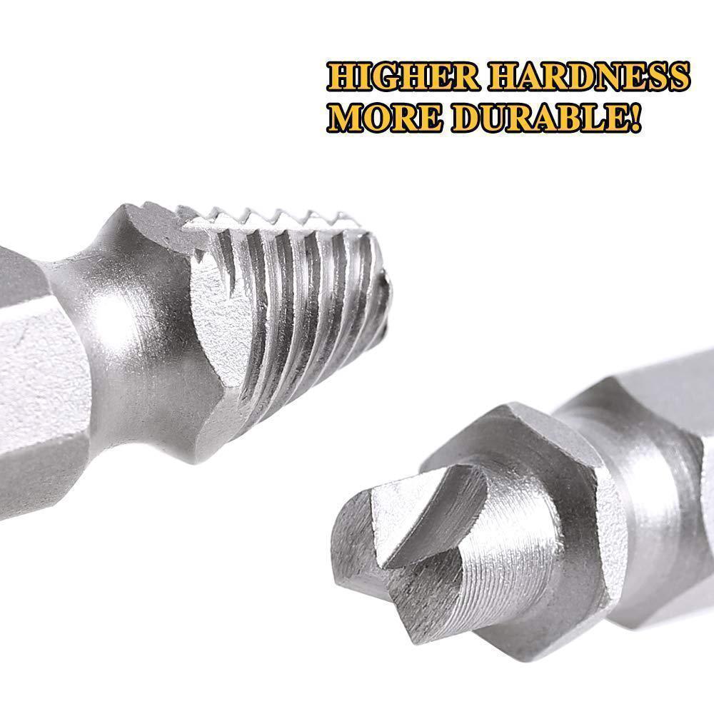 Handyman using a damaged screw extractor from the 4-piece set on a broken bolt during DIY repair