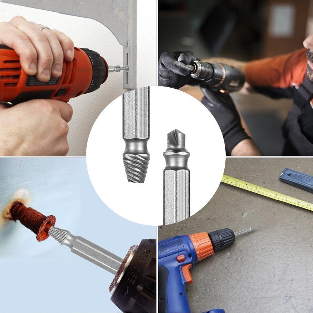 Various sizes of damaged screw extractors from the 4-piece tool set laid out on a workbench