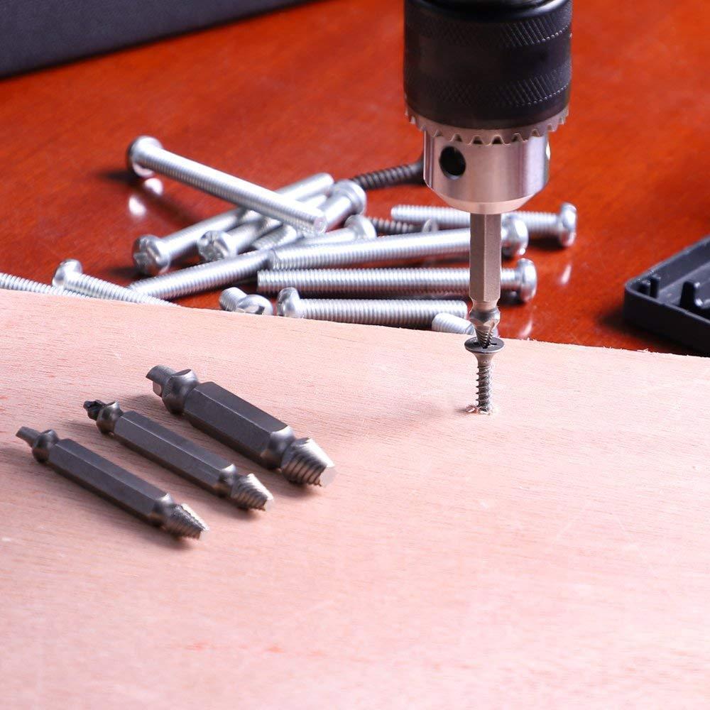 Illustration of how the Universal Damaged Screw Extractor Set works to remove a stripped screw