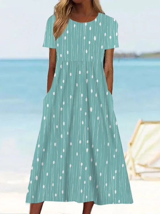Women's Elegant Botanical Midi Dress - Crew Neck Half Sleeve