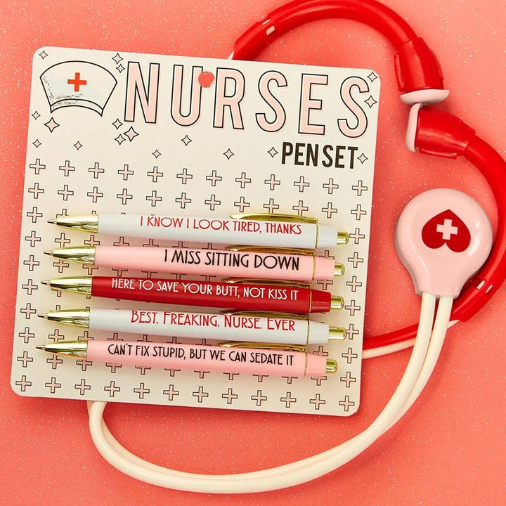 Close-up of a funny nursing pen, 'Warning: May Spontaneously Talk About Being a Nurse'