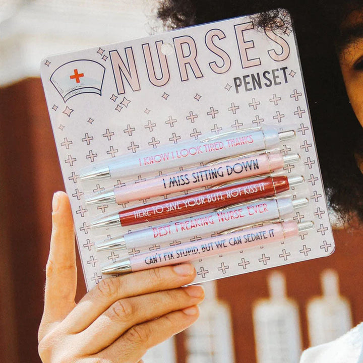 Set of 5 uniquely designed humorous nursing ballpoint pens, ideal for healthcare humor fans