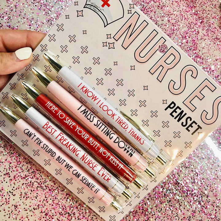 Assorted funny nurse pens, a 5-piece set, displaying 'Coffee Scrubs & Rubber Gloves' text