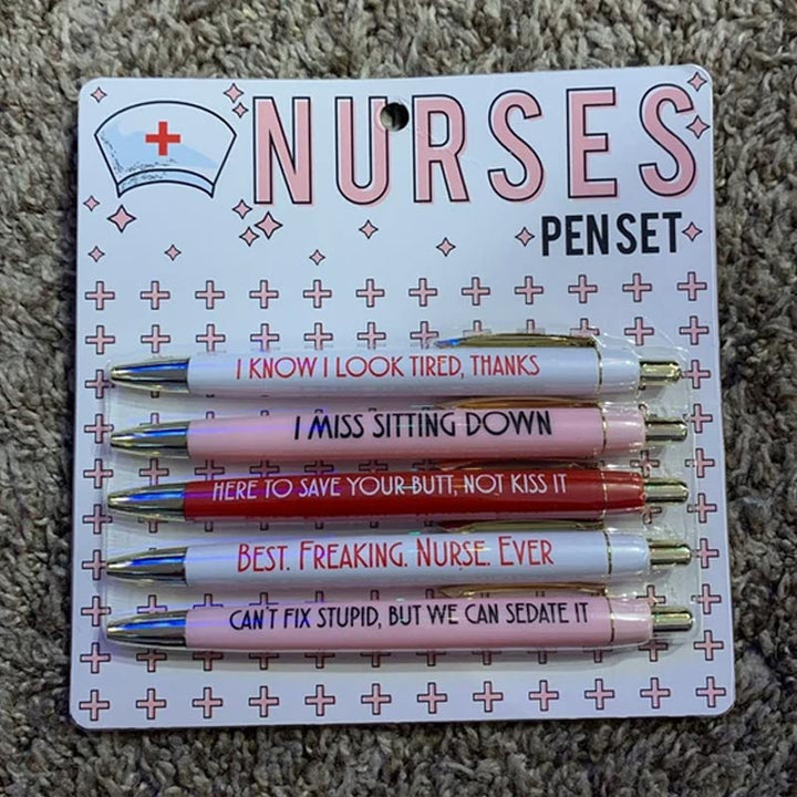 Gift-ready pack of 5 humorous nursing ballpoint pens, perfect for medical-themed fun