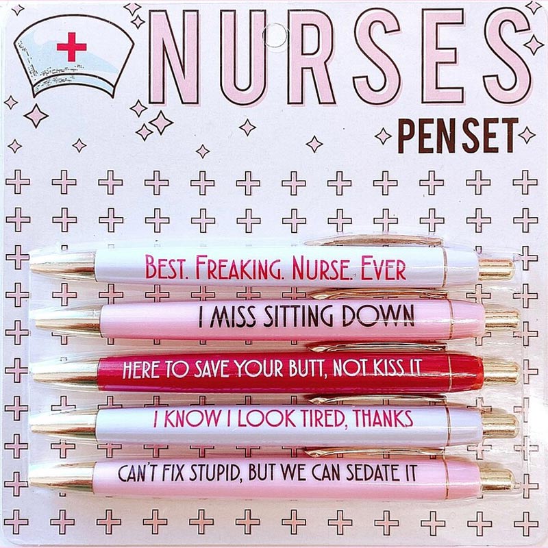 Nurse's desk with a set of 5 humorous ballpoint pens, adding a touch of healthcare humor
