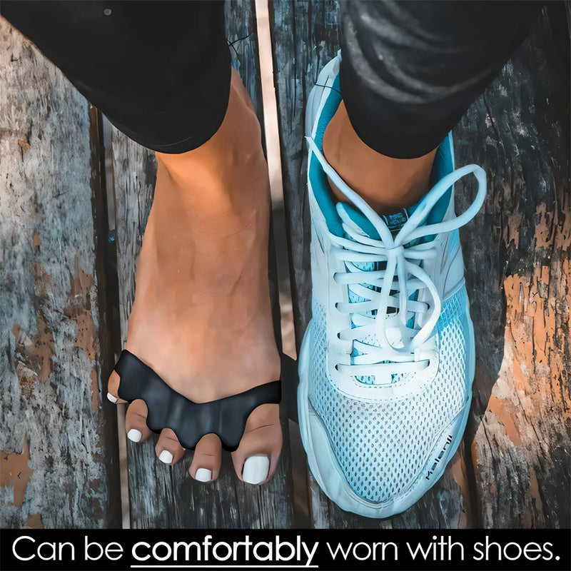 Close-up of a single blue gel toe separator, highlighting its soft, flexible material for foot comfort.