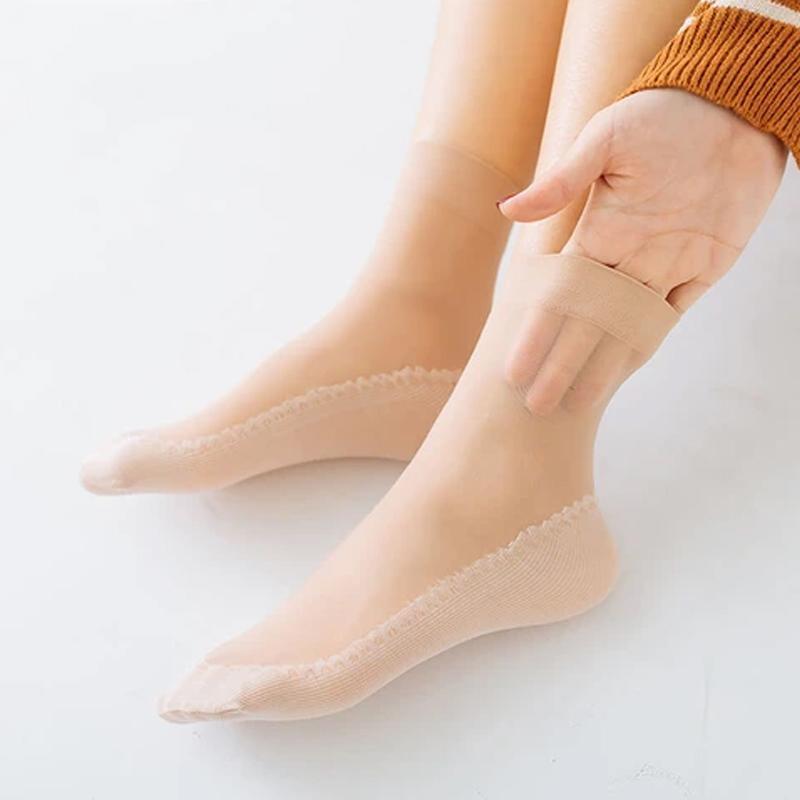 Close-up of a single women's silky anti-slip sock, highlighting the breathable fabric and heel grip
