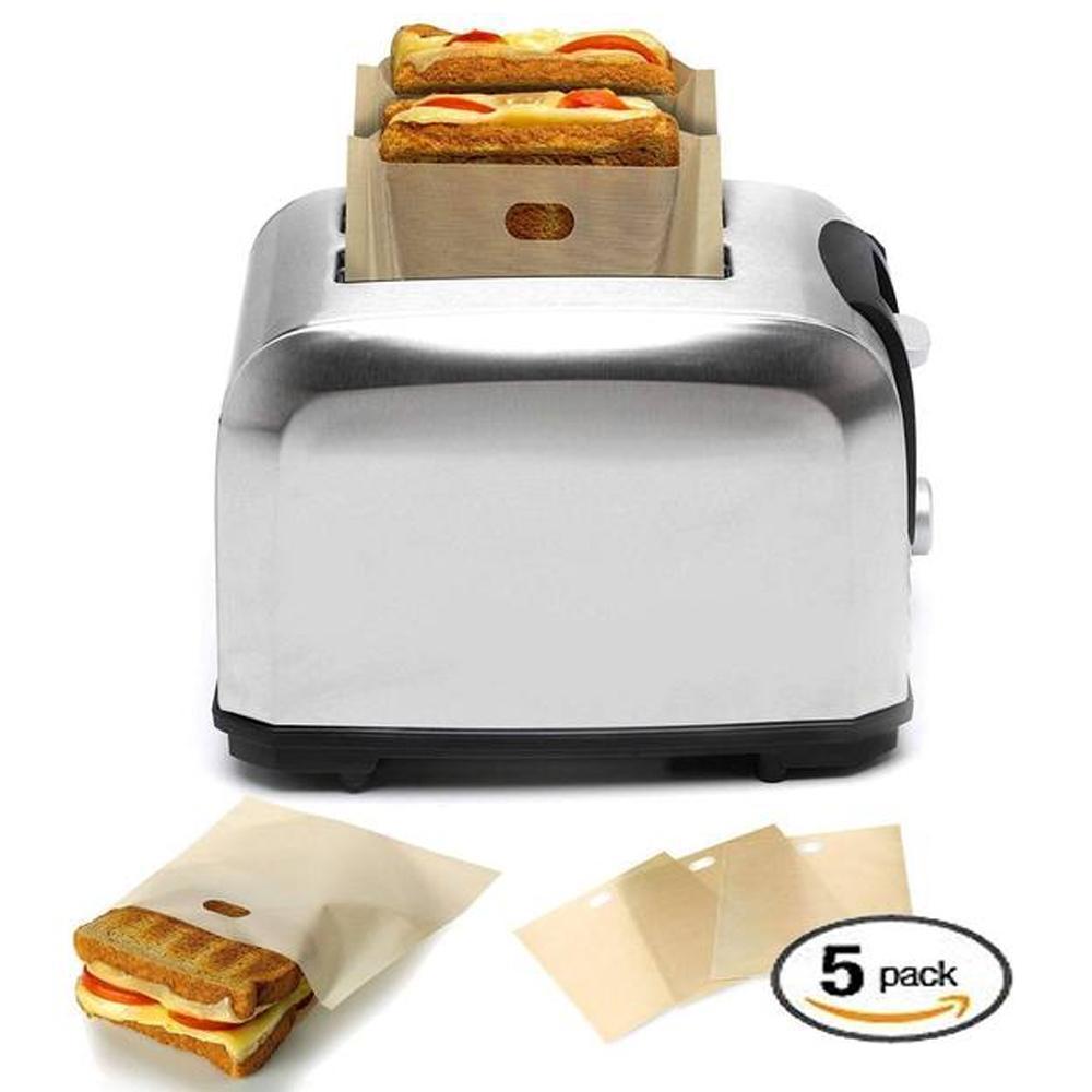 Toaster bags packaging with product details, highlighting non-stick & reusable features