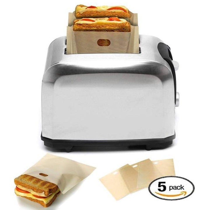 Toaster bags packaging with product details, highlighting non-stick & reusable features