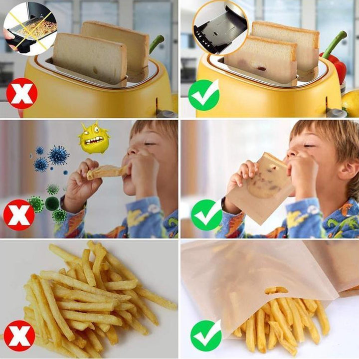 Hand holding a reusable toaster bag, demonstrating its flexibility & ease of use