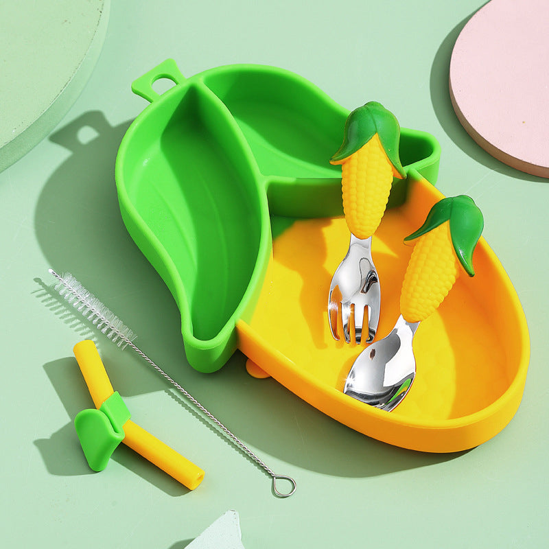 5-piece toddler suction plate and utensil set in blue, perfect for baby feeding and self-feeding kids