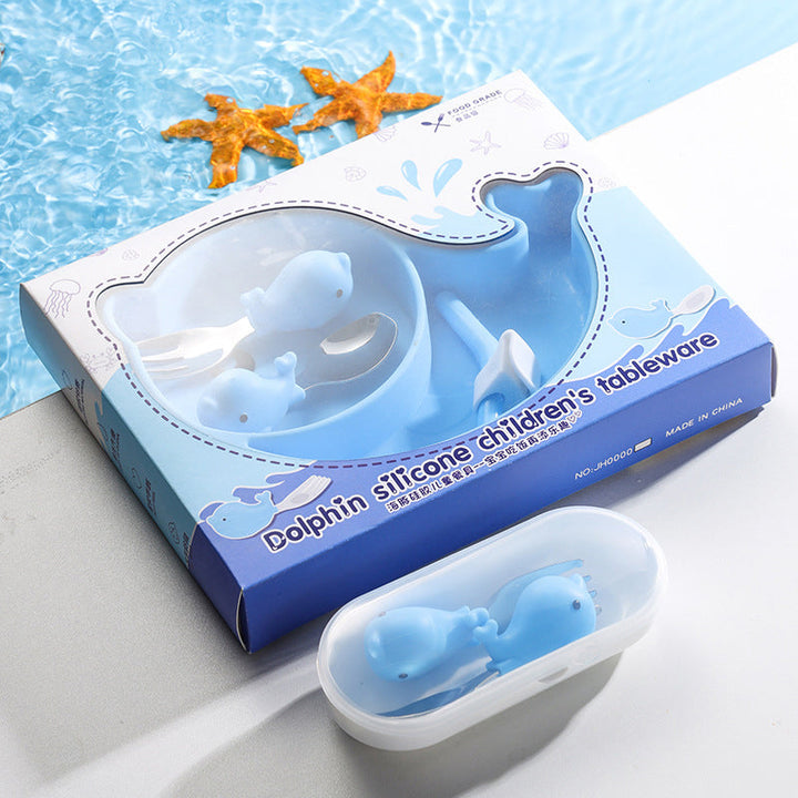 Compact and lightweight 5-piece toddler suction plate and utensil set for easy storage and travel
