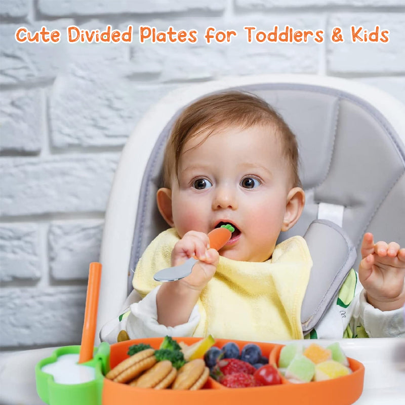 Full view of the 5-piece toddler suction plate and utensil set, ideal for baby feeding & self-feeding