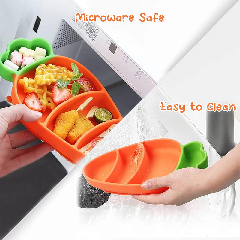 Close-up of the strong suction base on a silicone toddler plate, preventing messes during baby mealtime