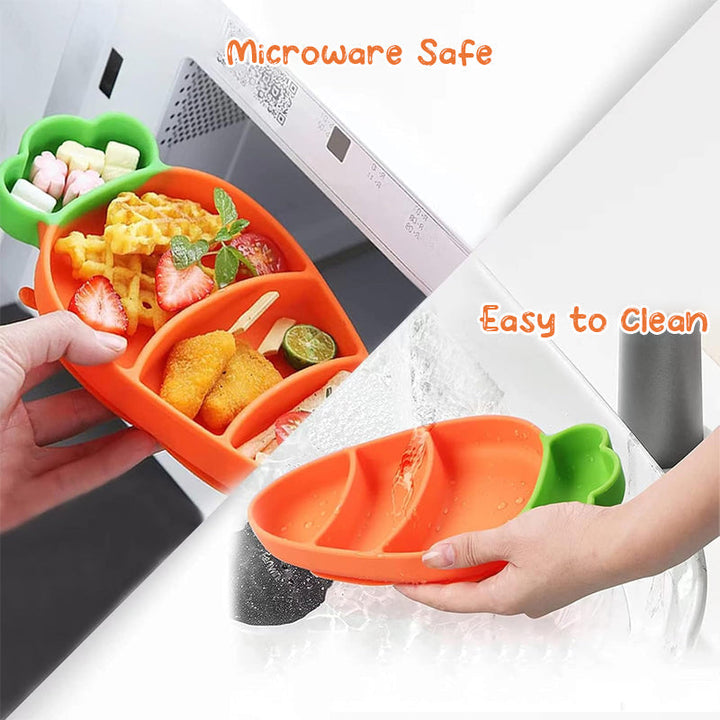Close-up of the strong suction base on a silicone toddler plate, preventing messes during baby mealtime