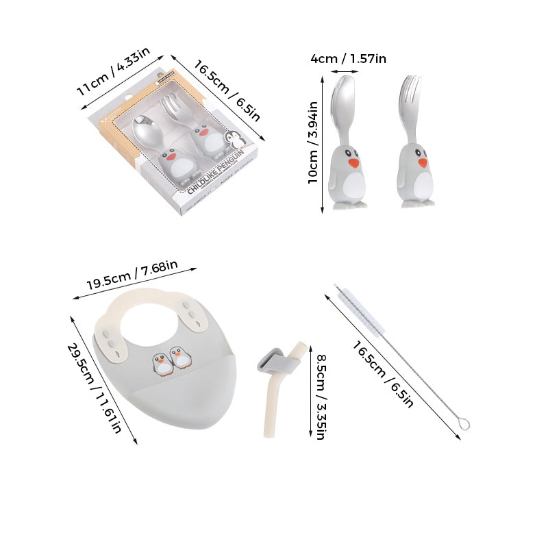 Overhead shot of the complete 5-piece baby feeding set: suction plate, bowl, cup, small fork, and spoon
