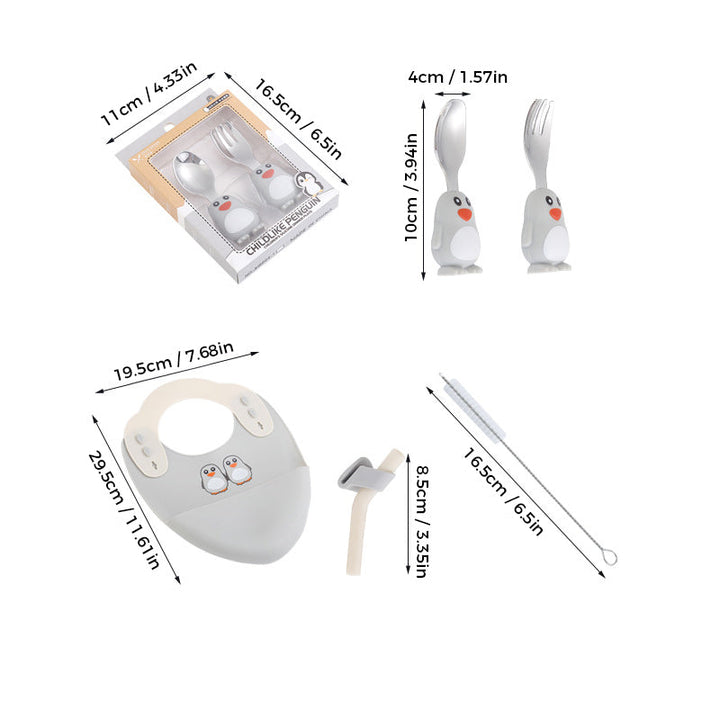 Overhead shot of the complete 5-piece baby feeding set: suction plate, bowl, cup, small fork, and spoon