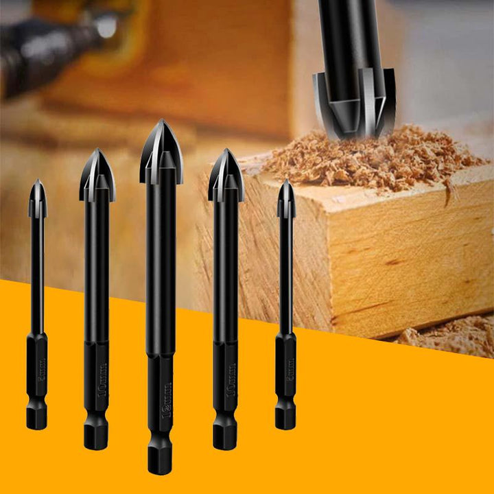 Close-up of a universal drilling tool set's carbide bit, ideal for renovation projects