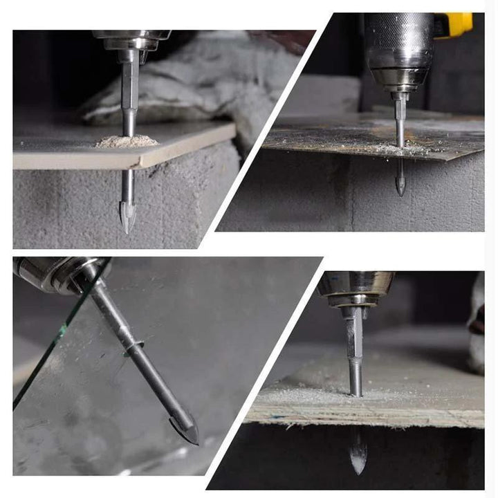 Ergonomic packaging for a 5-piece universal drilling tool set, highlighting carbide durability