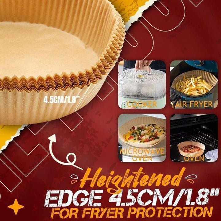 Assortment of kitchen tools including 50-count disposable air fryer liners for convenient baking